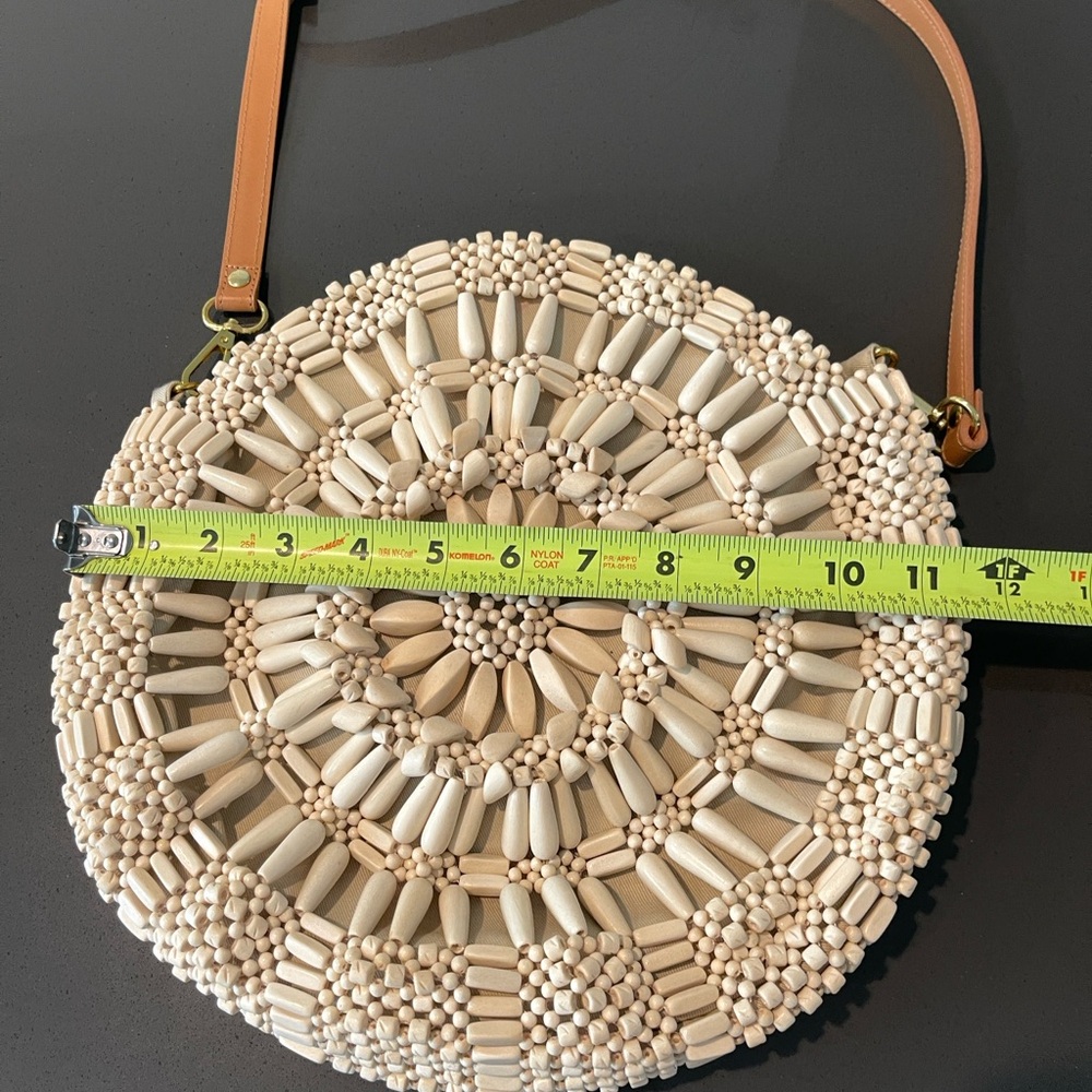 Aranaz Beaded Round Shoulder Bag in Cream and Tan - Picture 4 of 5